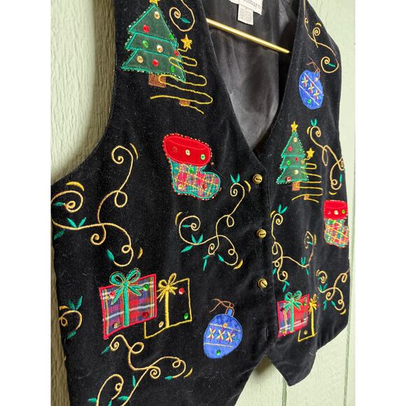 Vintage 90s Christmas Vest Women’s M – Velvet Embroidered Ornaments - Picture 2 of 4